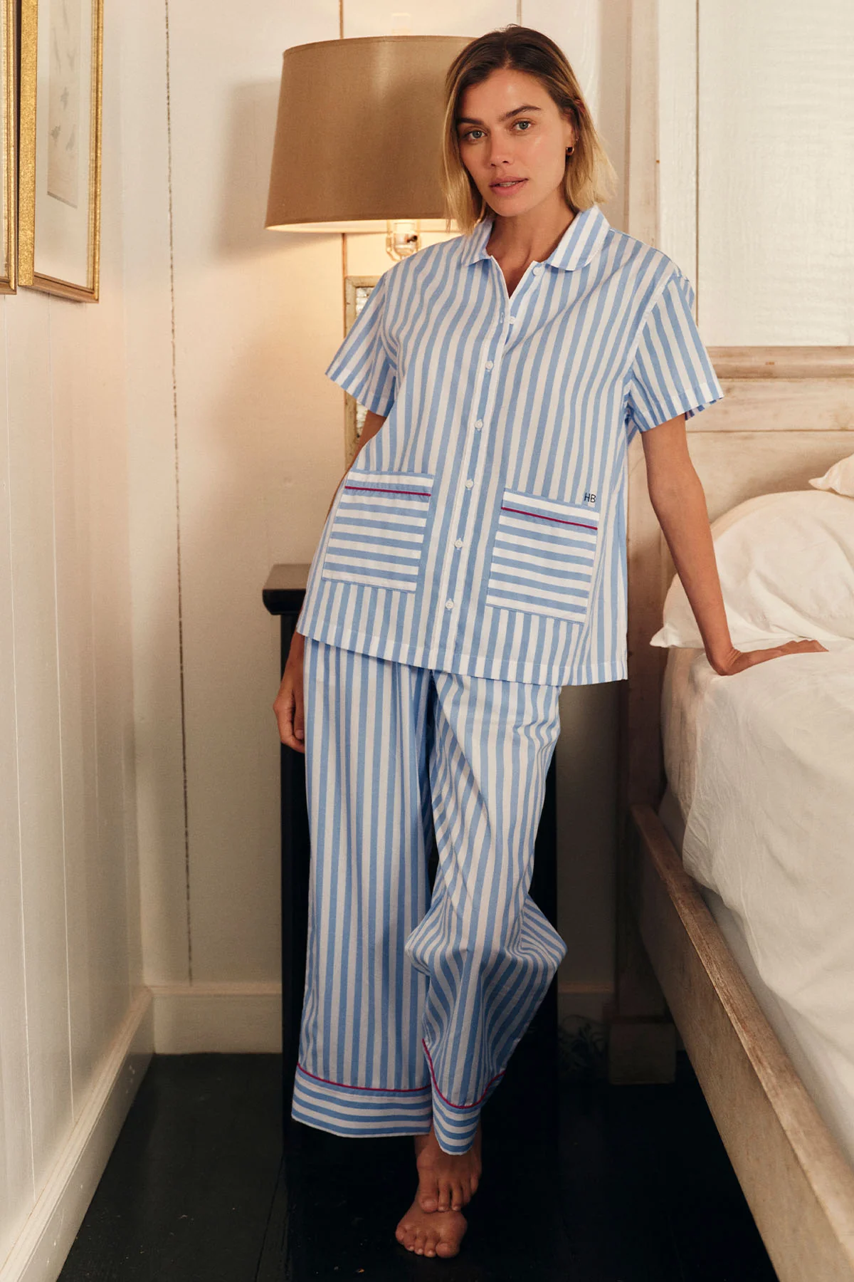 Poplin Piped Short-Long Set in Baltic Blue Beam Stripe - Image 4