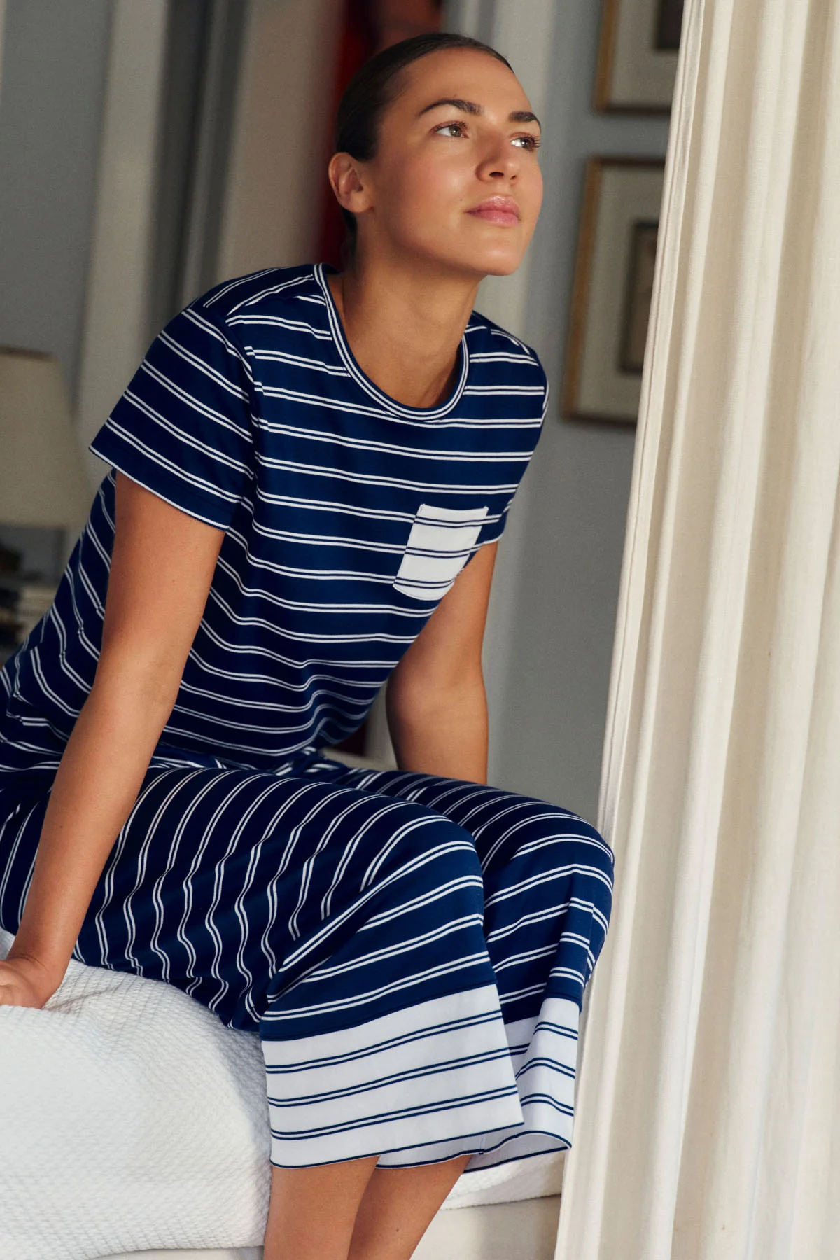 Pima Crew Wide Leg Pajama Set in Blue Depths Tidal Stripe - Image 3