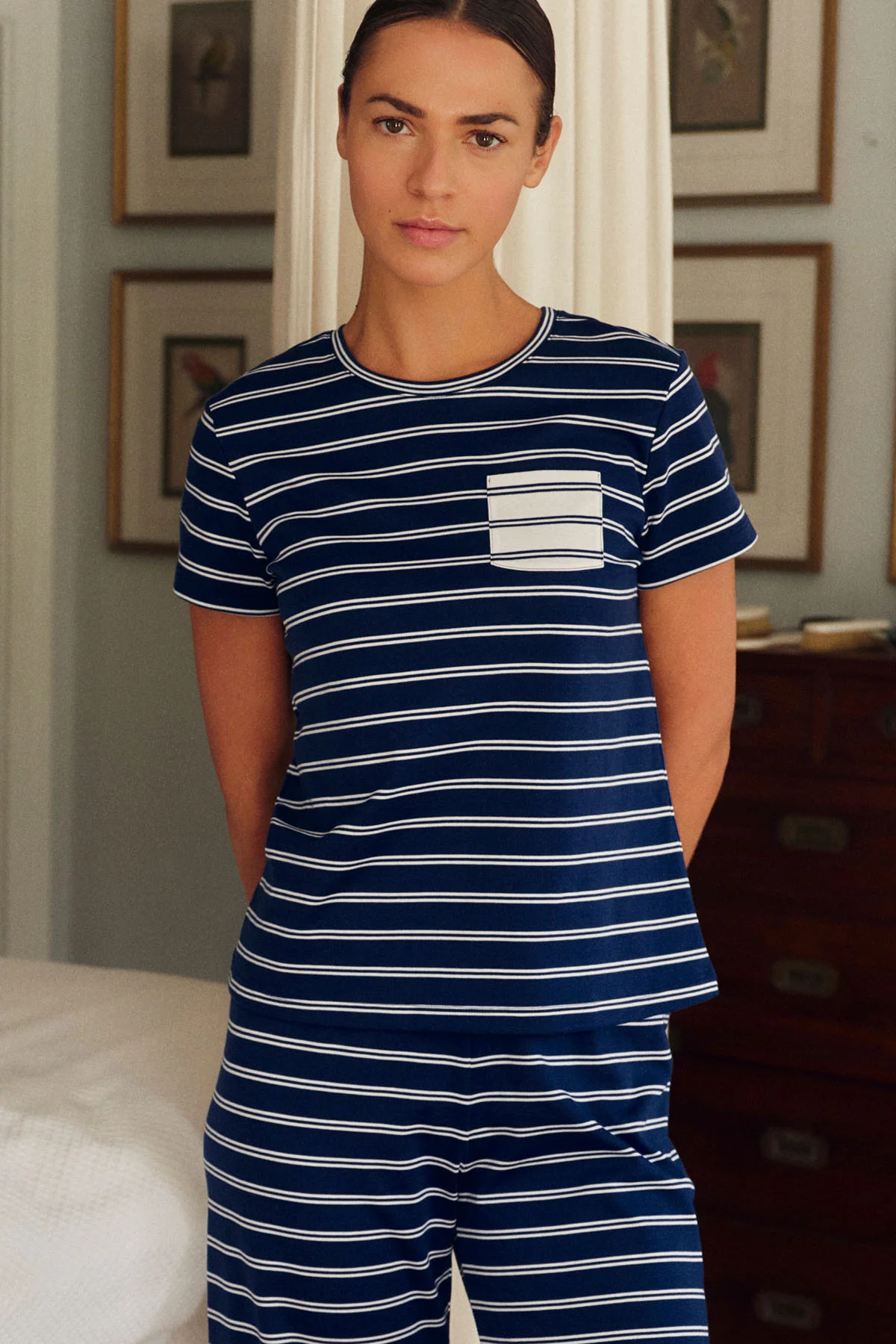 Pima Crew Wide Leg Pajama Set in Blue Depths Tidal Stripe - Image 4