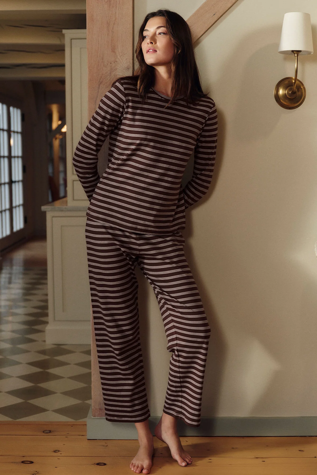 Pima Crew Long-Long Set in Cocoa Triple Stripe - Image 4