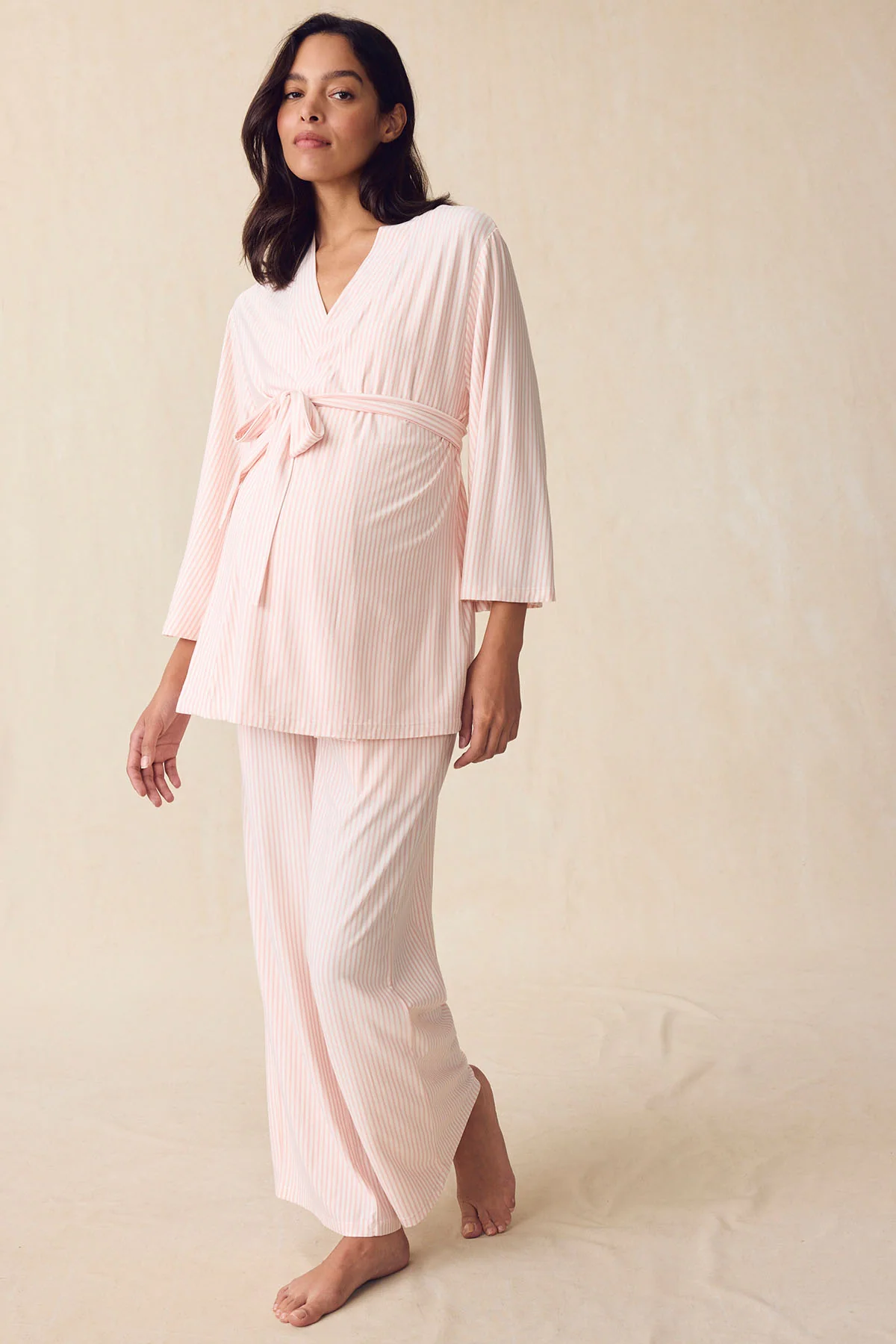 Maternity DreamModal® Kimono Three-Piece Set in English Rose Pencil Stripe - Image 5