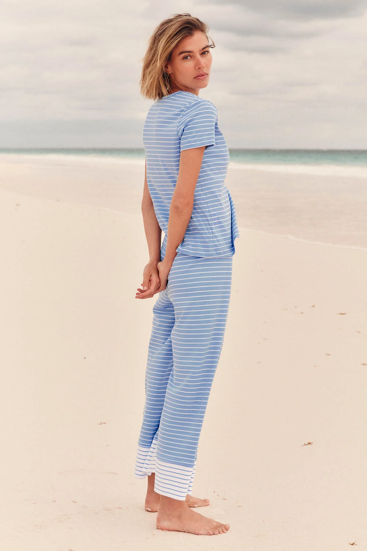 Pima Crew Wide Leg Pajama Set in Mixed Baltic Blue Stripe - Image 4
