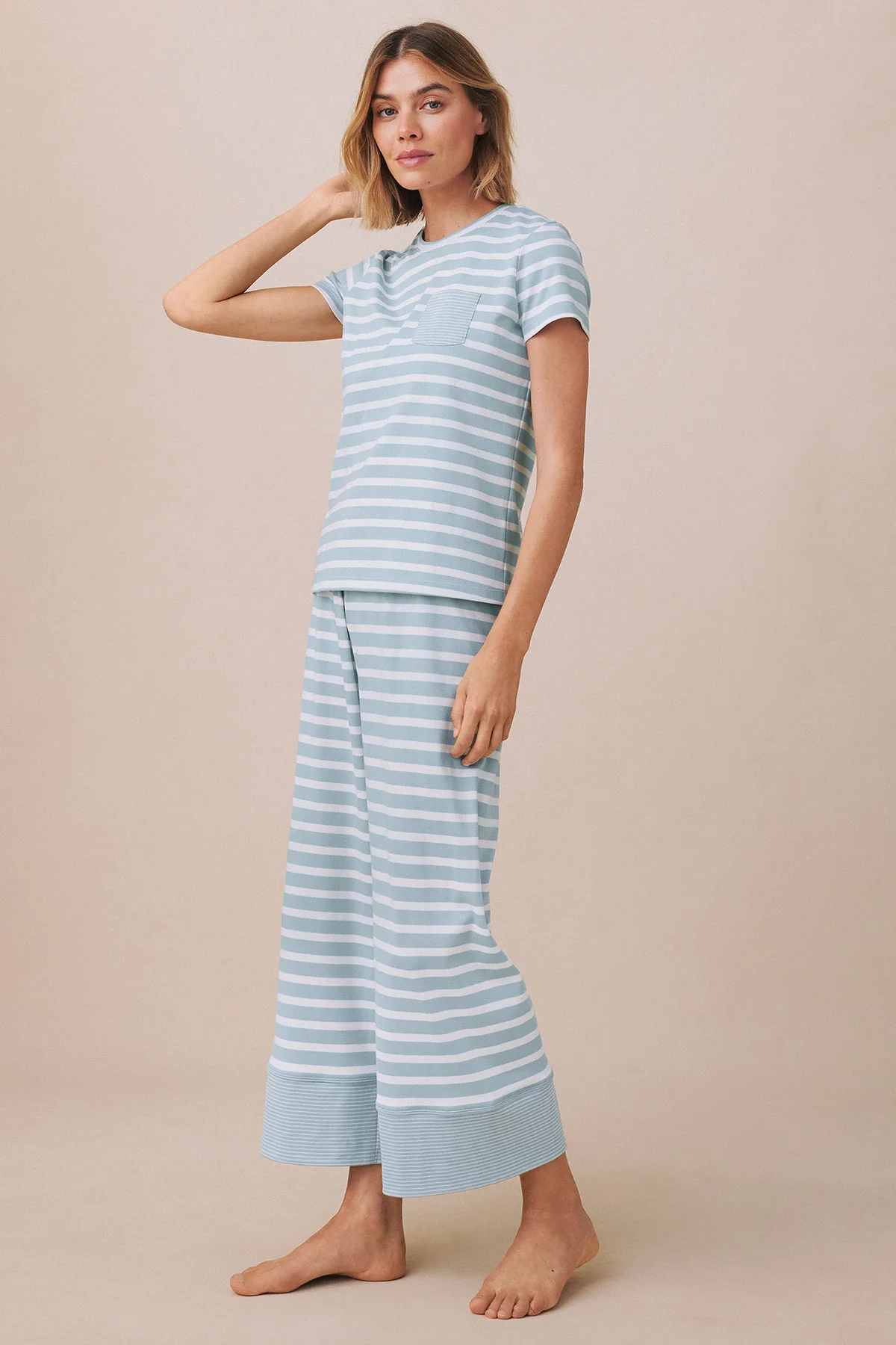 Pima Crew Wide Leg Pajama Set in Mixed Seabrook Stripe - Image 4