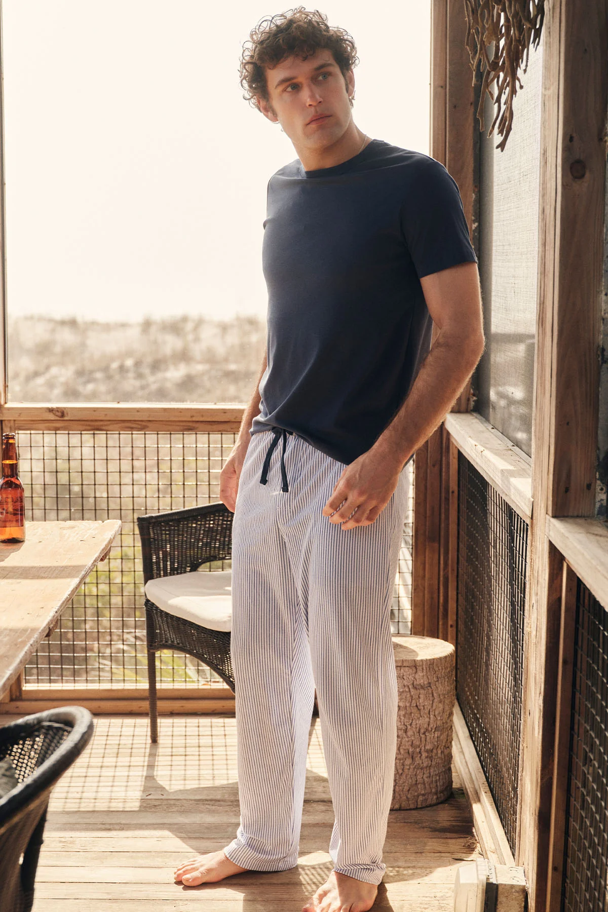 Men's Pima Sleep Short-Long Set in Navy Compass Stripe - Image 3
