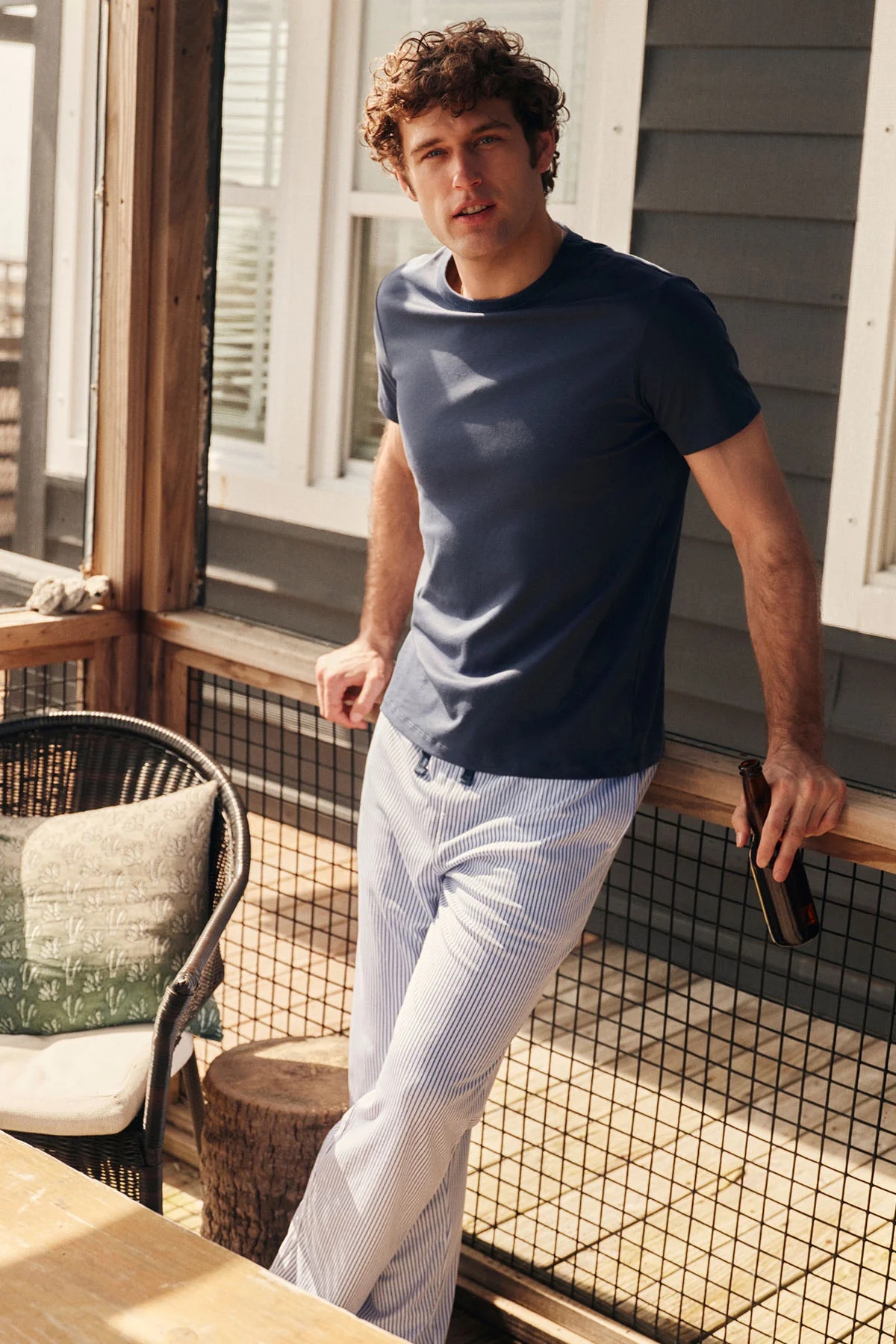 Men's Pima Sleep Short-Long Set in Navy Compass Stripe - Image 4