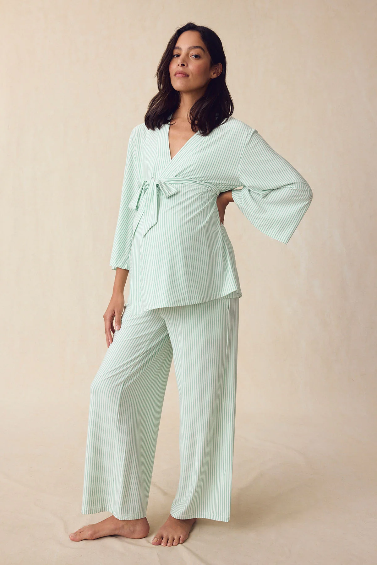 Maternity DreamModal® Kimono Three-Piece Set in Parisian Green Pencil Stripe - Image 4