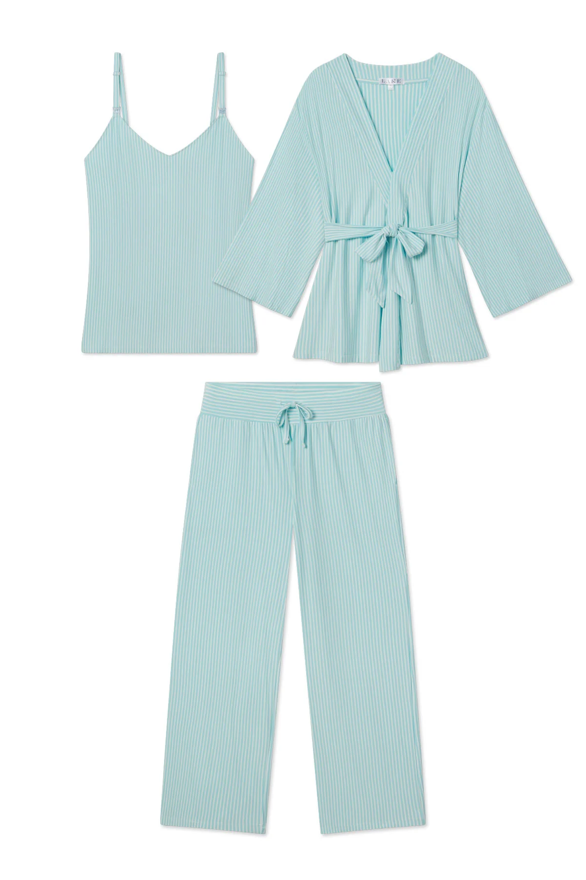 Maternity DreamModal® Kimono Three-Piece Set in Salt Spray Pencil Stripe