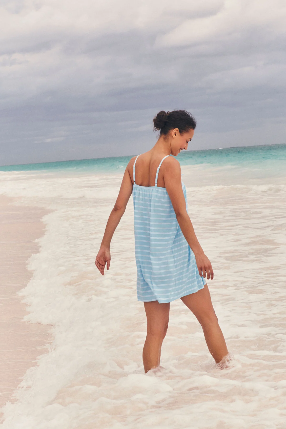 Pima Ruffle Nightgown in Salt Spray Tidal Stripe - Image 3