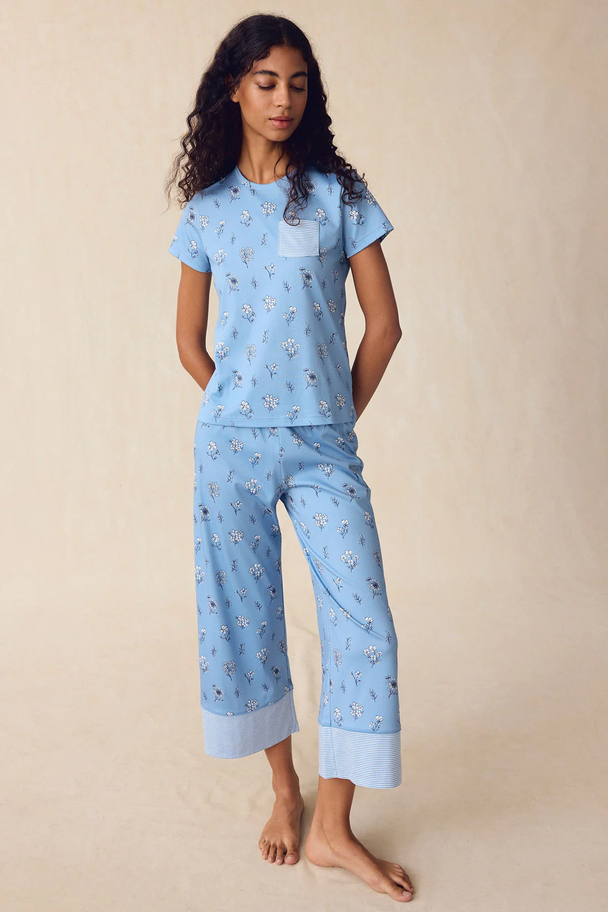 Pima Crew Wide Leg Pajama Set in Serene Blue Adeline Floral - Image 2